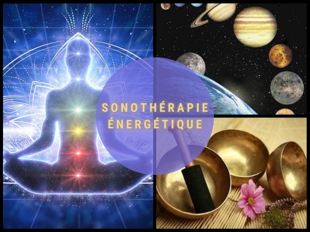 Image promotionnelle pour une formation en sonothérapie énergétique dans les Hauts de France : silhouette méditative avec chakras colorés, planètes du système solaire, et bols tibétains dorés avec fleurs, accompagnée du texte « Sonothérapie énergétique ».