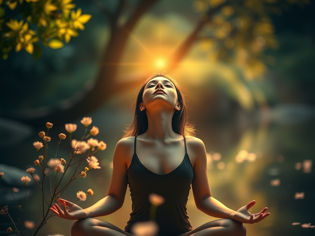 Personne assise en position de méditation au bord d’un étang, entourée de fleurs et de végétation. La scène est baignée d’une lumière dorée et douce, avec un halo lumineux au-dessus de la tête, créant une ambiance paisible et spirituelle dans la nature.