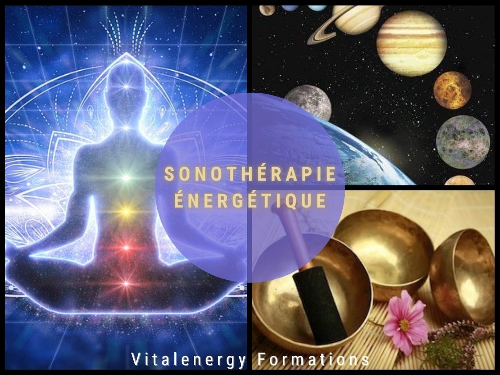 Image promotionnelle pour une formation en sonothérapie énergétique dans le Nord : bols tibétains avec fleurs, silhouette méditative avec chakras colorés, planètes du système solaire, accompagnée du texte « Sonothérapie énergétique ».