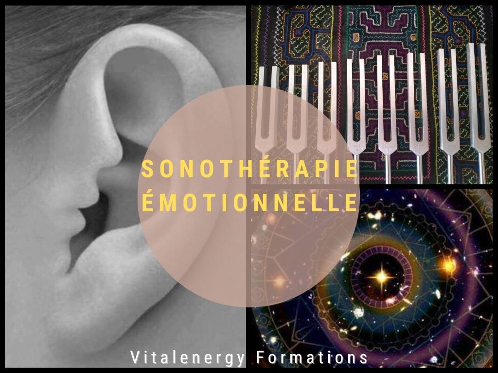 Affiche de formation en sonothérapie émotionnelle dans le Nord : un montage visuel avec à gauche une oreille stylisée sculptée dans un visage, en haut à droite des diapasons alignés sur un tissu coloré, en bas à droite une illustration cosmique aux motifs circulaires, avec au centre un cercle rose portant le texte « Sonothérapie Émotionnelle » en lettres jaunes