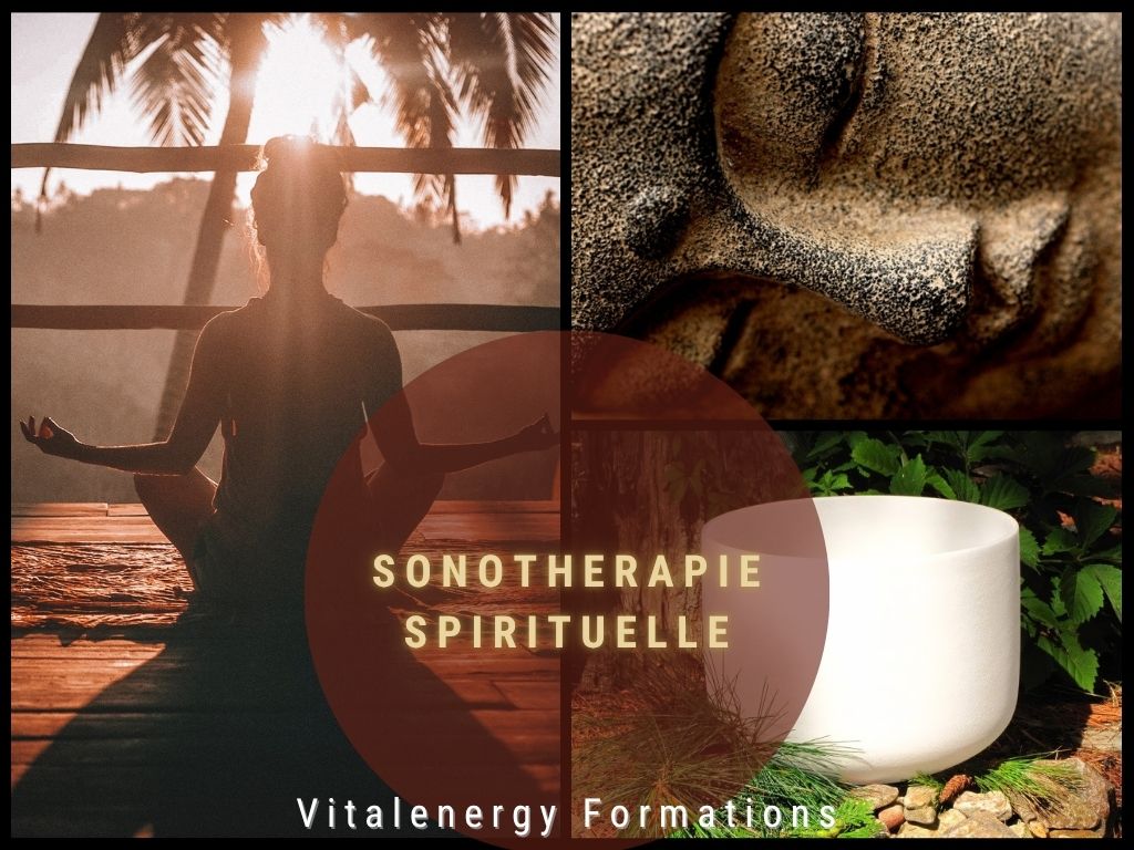 Montage visuel pour une formation en sonothérapie spirituelle près de Lille, avec une personne méditant au lever du soleil, un visage de statue sereine évoquant le Bouddha, et un bol chantant blanc posé dans la nature. Au centre, un cercle transparent avec le texte “Sonothérapie Spirituelle”.