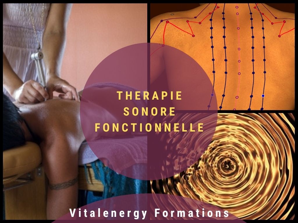 Affiche de formation en sonothérapie fonctionnelle dans les Hauts de France, montrant une séance de massage avec un soin sonore, un schéma de points sur le dos et une représentation de vibrations circulaires dorées, avec le titre « Sonothérapie Fonctionnelle » au centre.