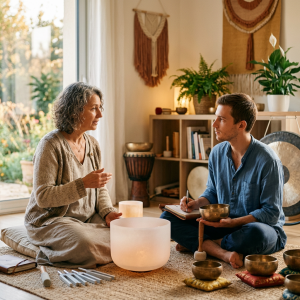Femme expliquant les vertus des bols diapasons et autres instruments en individuel assise avec un élève